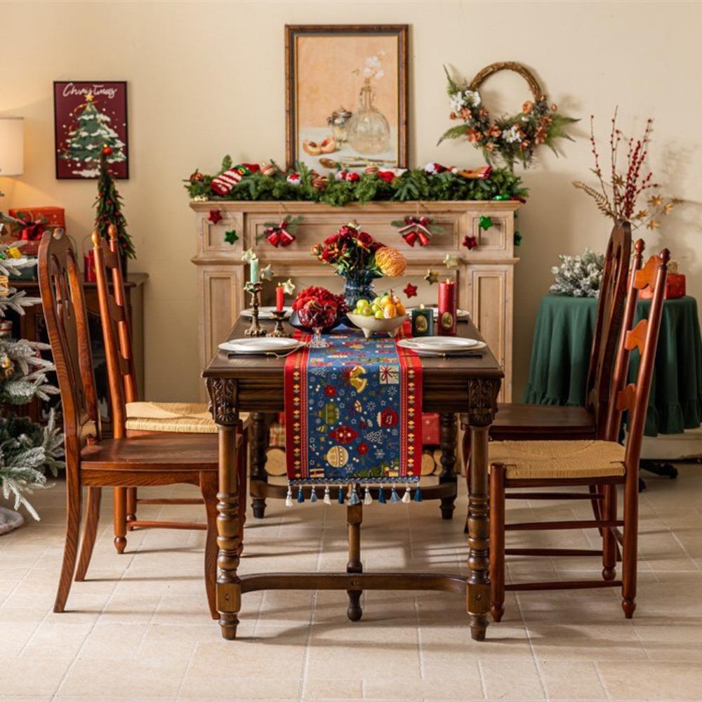 Christmas Snowman Jacquard Table Runner with Fringe Polyester Home Decor Tablecloth Bedspread