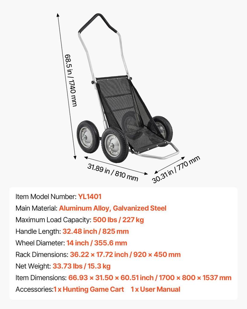 Game Carts for Hunting, 500LBS Deer Cart Game Hauler, Heavy-Duty Crawler Cart, All-Terrain Folding Deer Hauling Cart with Shock-Absorbing Tires,
