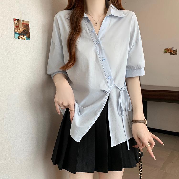 2026 Summer Plus Size Chic Irregular Loose Fit Short Sleeve Side Tie Blouse