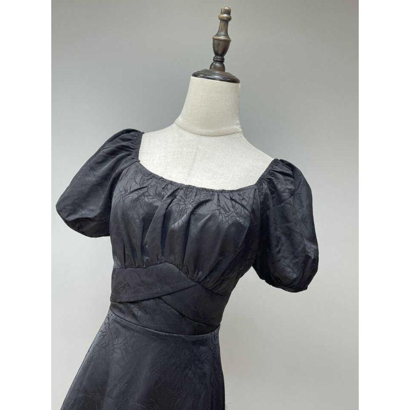 2024 Autumn Dark Pattern Bamboo Leaf Texture Print Similar To Acetate Satin Puff Sleeves Waist Trimming Short Black Dress