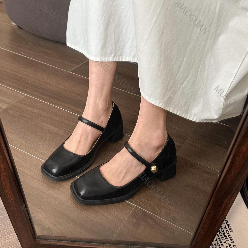 Fashion Fashion Women Pumps Shoes New Spring and Autumn Square Head Shallow Mouth Mary Janes Shoe Solid Chunky Middle Heel Single Shoes