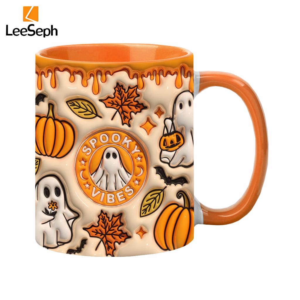 Leeseph 3D Effect Halloween Mug, Trick or Treat Halloween Pumpkin Ghost Ceramic Coffee Mug, Coffee Lover Halloween Decor Gift