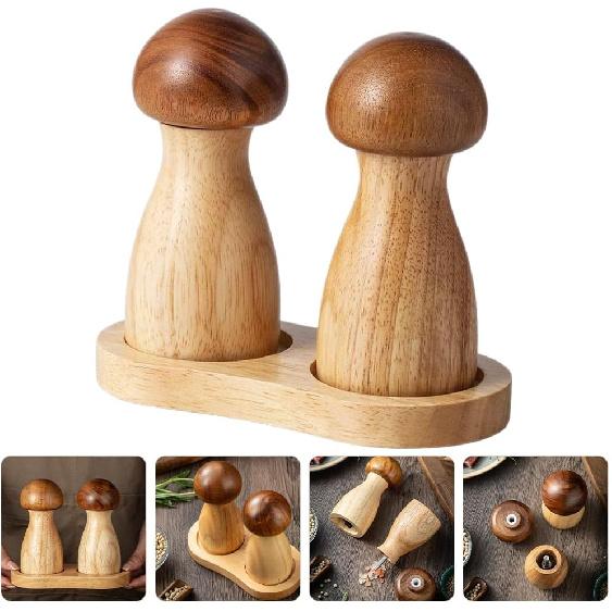 ABOOFAN 2 Stück Pilz Salz- und Pfeffermühle Set mit Basis Holz Pfeffermühle Manuell für Küche
