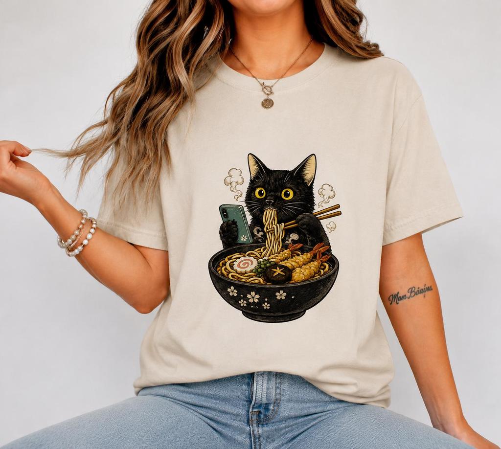Black Cat Ramen T-Shirt | Kawaii Noodles, Chopsticks, Anime Style