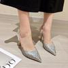 One-word with high-heeled sandals women's spring new simple silver bag head empty pointed work women's shoes