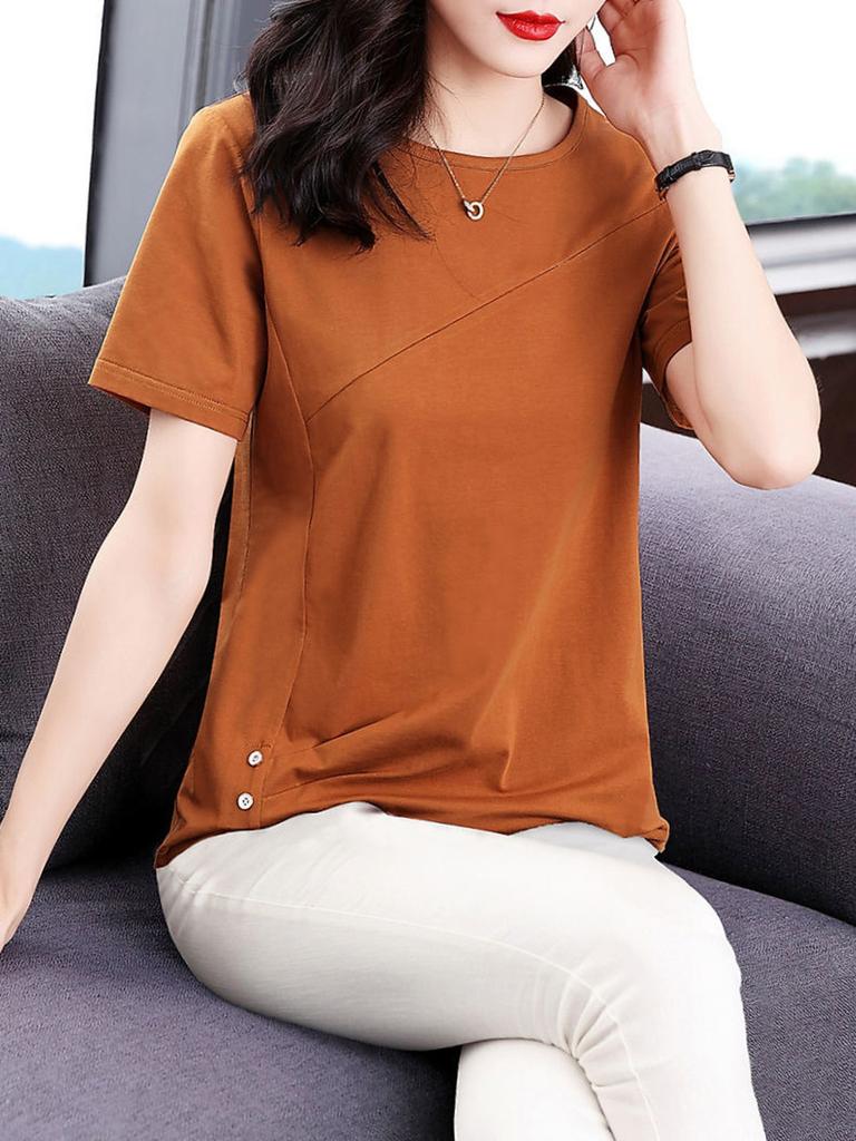 Women Summer Spring Fashion Cotton Blouses Shirts Lady Fashion Casual Short Sleeve O-Neck Solid Color T-shirt Blusas Tops