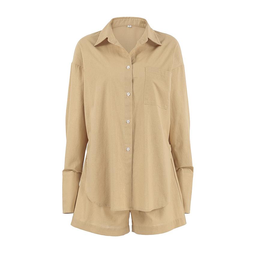 European and American minimalist casual khaki cotton-linen set, women's 1116 summer design shirt and shorts two-piece set