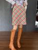 2025 Women's High-Waisted Rainbow Plaid A-Line Skirt - Slimming Wool with Large Hem for a Casual, Versatile Look