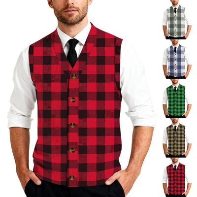 Men's Striped Plaid Print Tank Top Knitted Button,Down Shirt | Sleeveless Casual Button,Up Vest With Collar For Daily & Layering