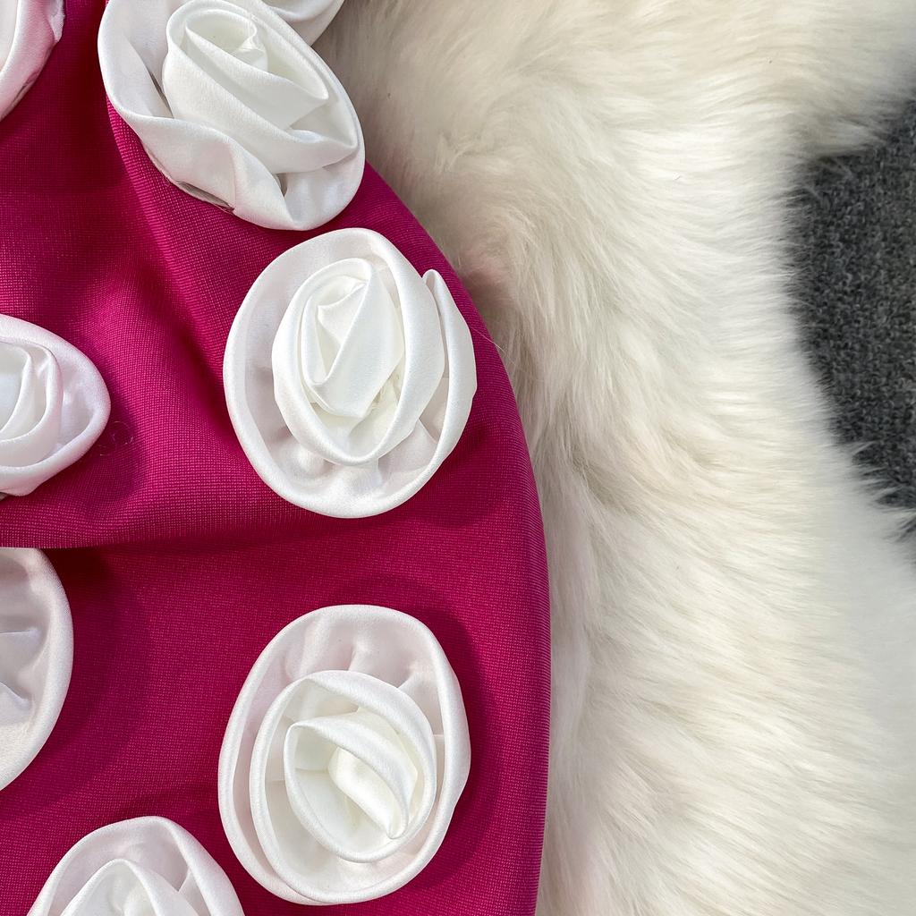 French Temperament Three-dimensional Flower V-tie Chest Pad Dress Women's Summer New Waist and Thin Hip-wrapped Split Dress