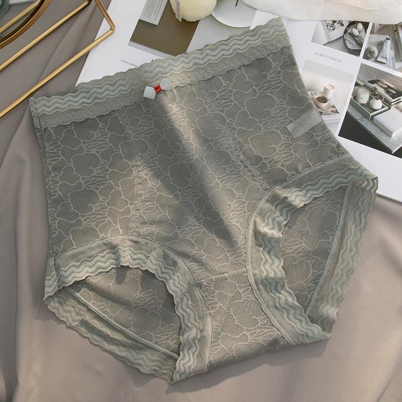 Ladies Spring and Summer New Sexy Lace Pure Color Abdominal Warm Antibacterial Cotton Crotch High Waist Triangle Briefs