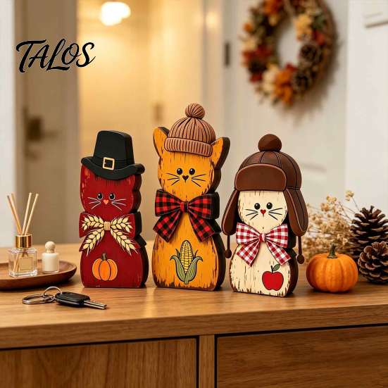 Decorative Wood Cat Set 3Pcs Christmas Wooden Ornaments with Hat and Bow Tie, 2D Interchangeable Holiday Flat Thanksgiving Tabletop Figurines,