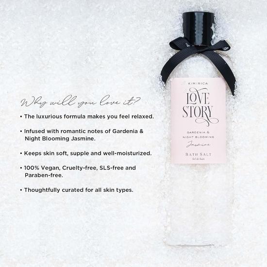 Kimirica Love Story Badesalz für Körper-Spa, Entspannung und Schmerzlinderung, 100 % vegan, Güte von weißem Tee, Ginko Biloba und Aloe Vera, 290 Gramm