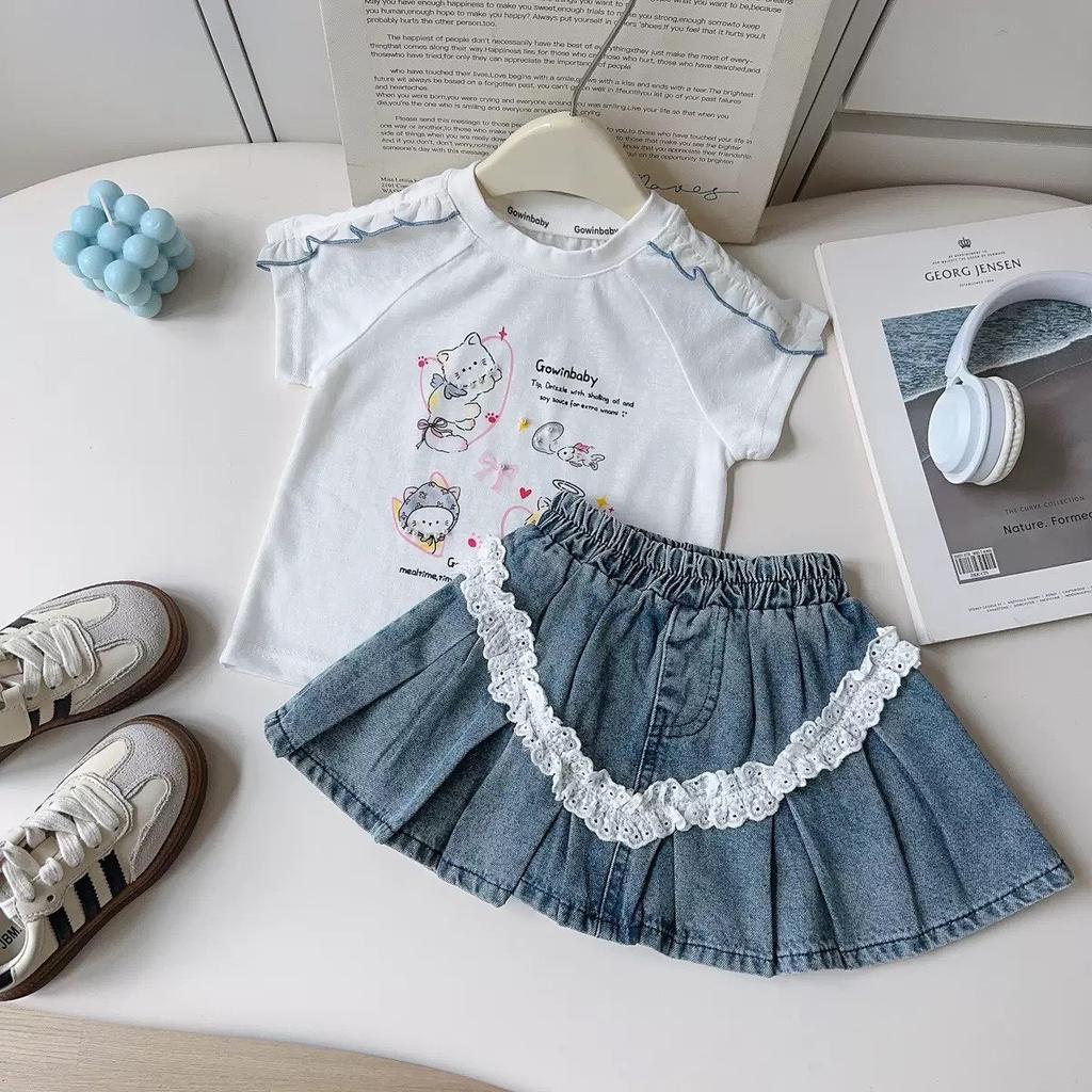Summer Girls 2 Piece Outfit Floral Print Short Sleeve Tee With Ruffle Denim Skirt Set Kids Casual Clothing