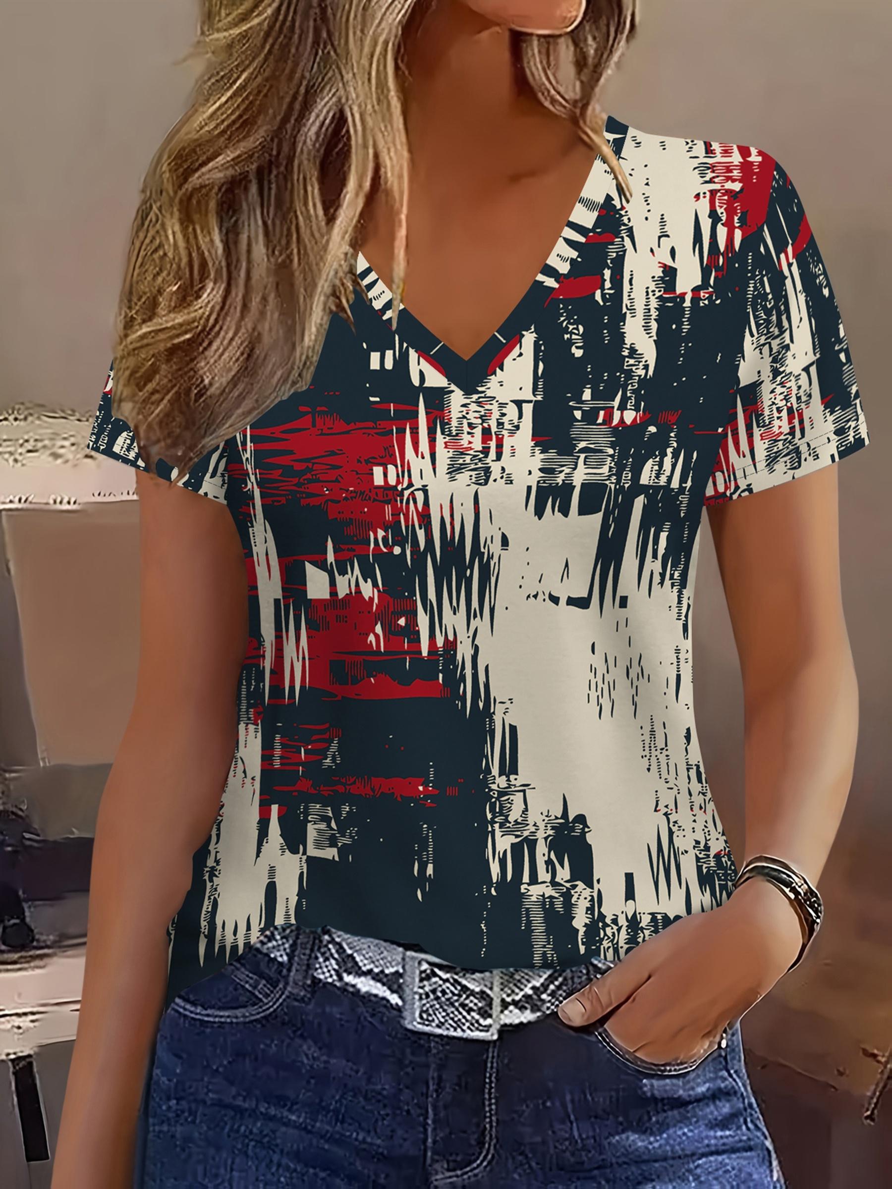 Gradient Color Block Splicing Tie Dye Women s V-Neck Top S