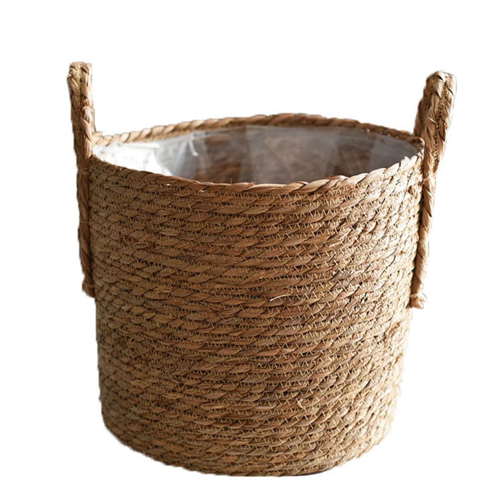 Woven Flower Pot Seagrass Plant Basket Garden Yard Greenhouse Flowerpot with Handle Potting Planting Hamper Household