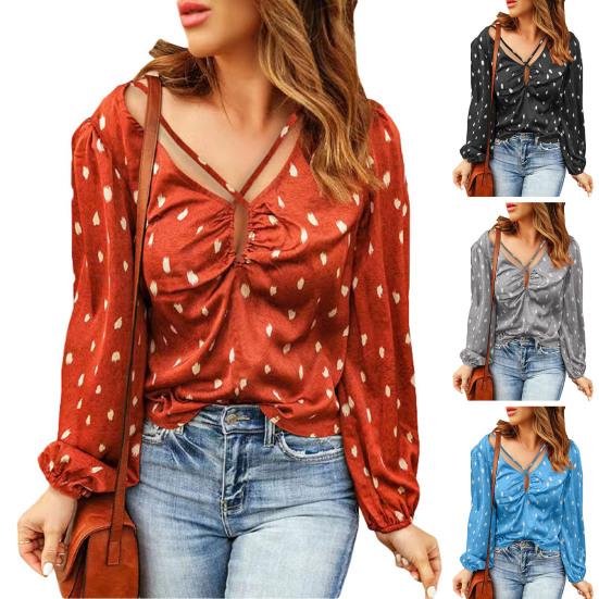 

Женская блузка с V-образным вырезом и длинными рукавами спереди, в горошек с крестом