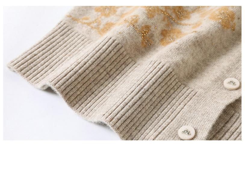 Women's Pure Wool Embroidered Cardigan - Round Neck, Button-Up Knitwear for Autumn/Winter