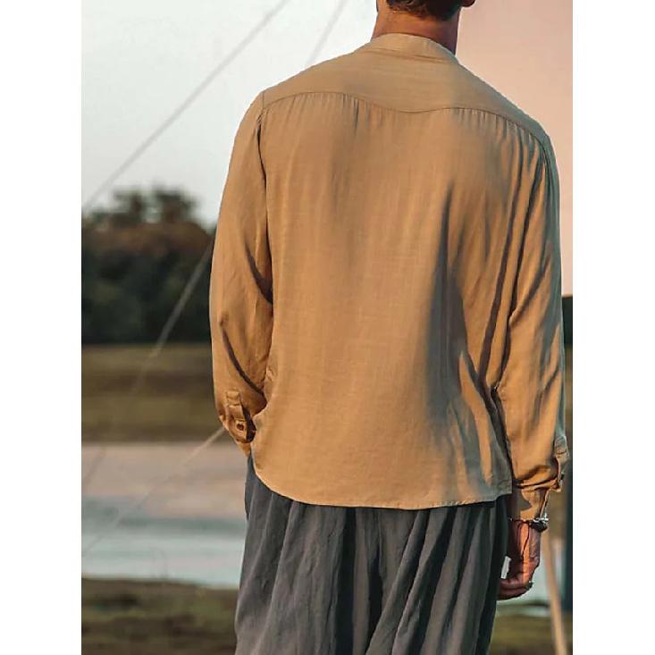 Nouvelle Chemise Décontractée Semi-Ouverte pour Homme, Chemise Simple Multicolore en Coton et Lin, Manches Tendance Col Rond, Chemise à Manches Longues