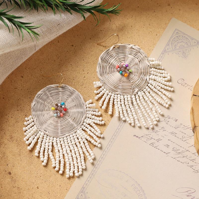 Original design bohemian earrings handmade rattan long tassel women's retro niche vacation earrings