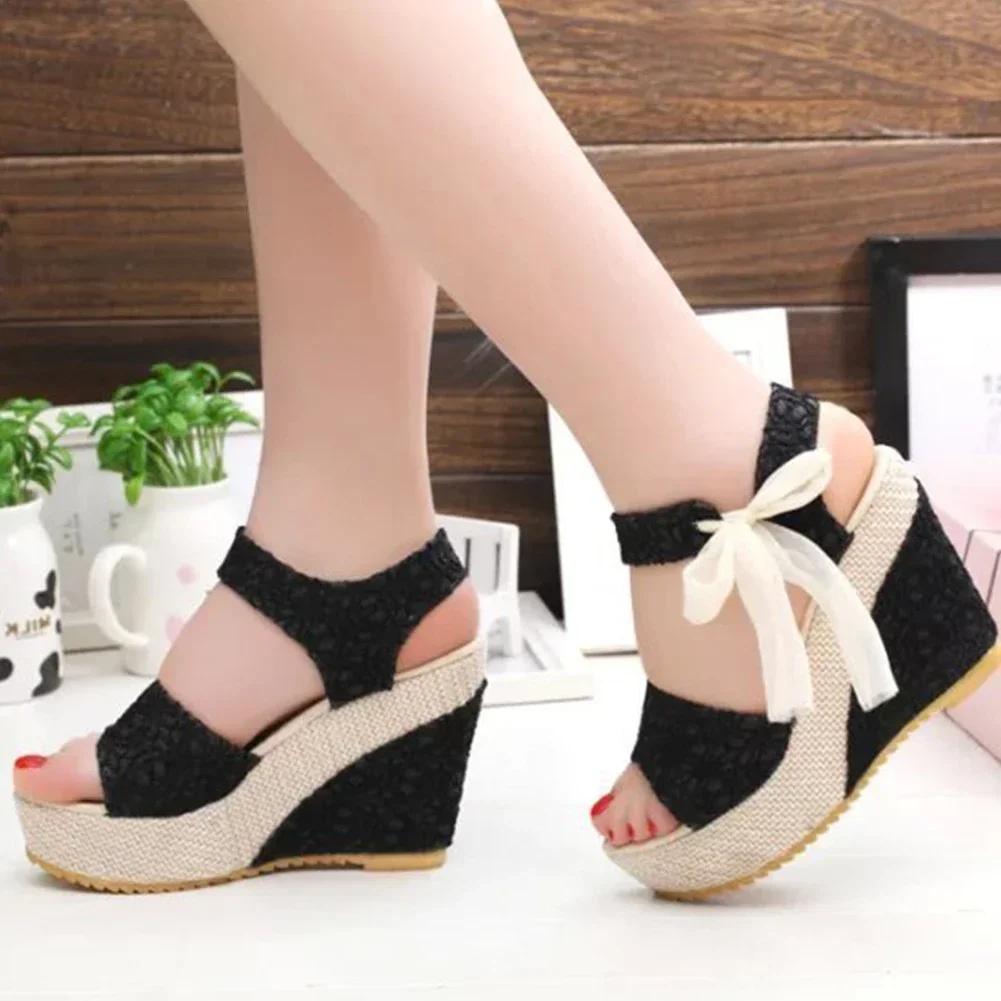 Lace Leisure Women Wedges Heeled Women Shoes 2025 Summer Sandals Party Platform High Heels Shoes Woman