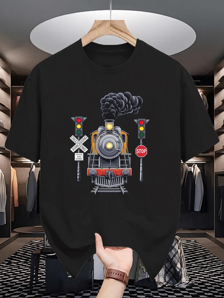 Classic Steam Locomotive Railway Crossing Graphic Mens Crew Neck T Shirt Retro Train Print Short Sleeve Casual Cotton Summer Top