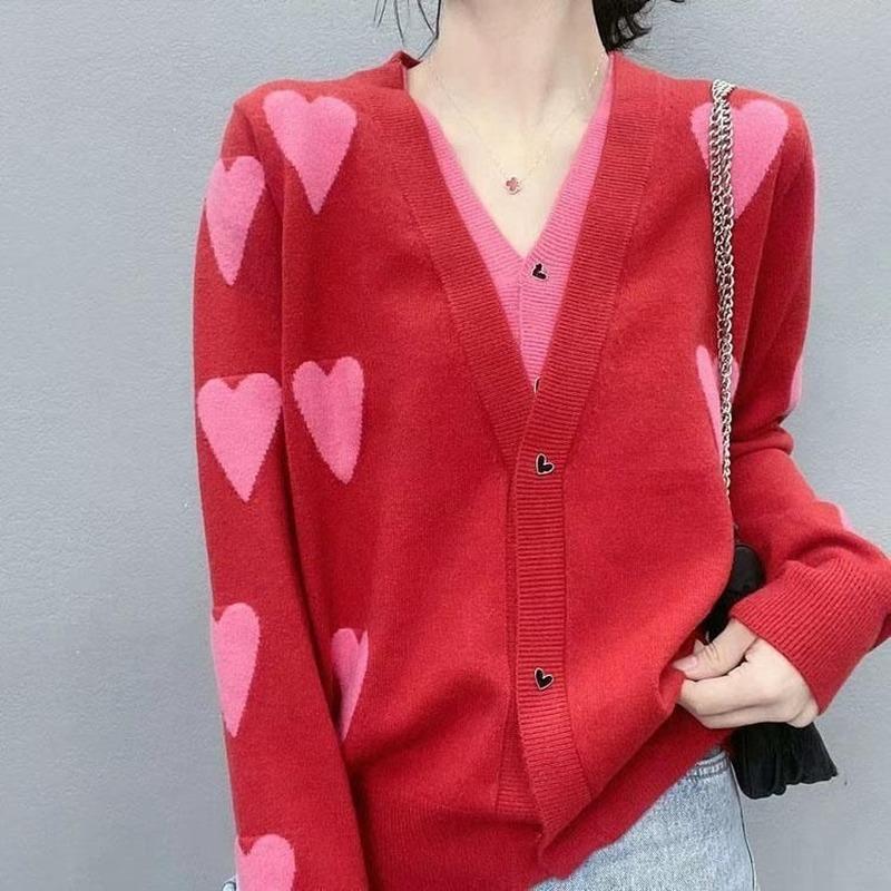 European Cardigans Sweater V -neck Loves Carried Flowers Long -sleeved Loose Thin Woman Autumn And Winter New C Women's Clothing