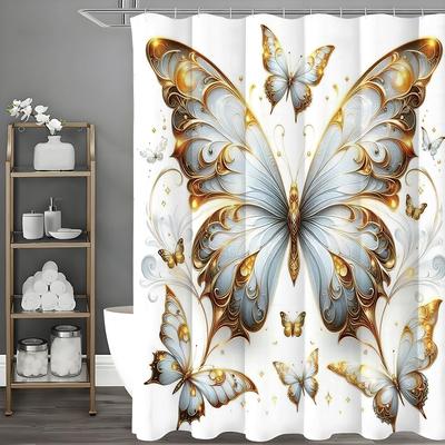 Cortina de Chuveiro Floral Borboleta, Cortina de Chuveiro Decorativa para Banheiro, Cortina de Chuveiro Impermeável com Ganchos