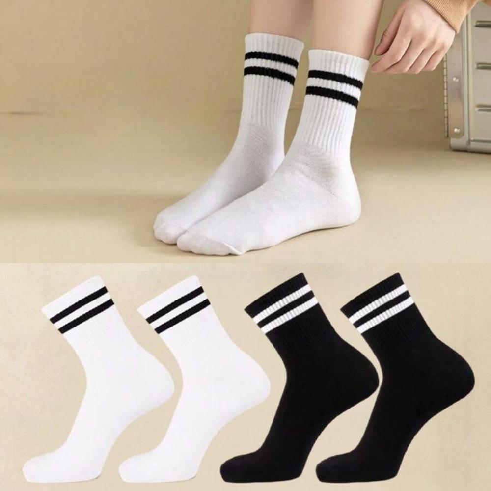 4 Pairs Women Mid Length Socks Simple Versatile Casual Black White Striped Breathable High-Quality Casual Round Neck Socks