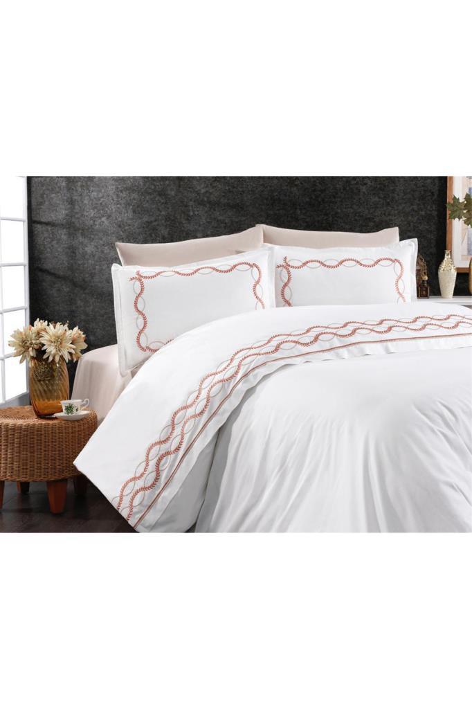 Basak Embroidered 100% Cotton Duvet Cover Set, Duvet Cover 200x220, Sheet 240x260, Double Size, Full Size Orange
