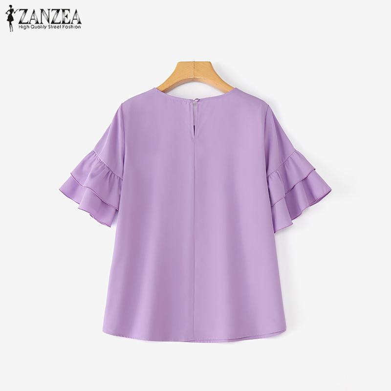 ZANZEA Women Casual Round Neck Ruffles Short Sleeve Loose Solid Blouse