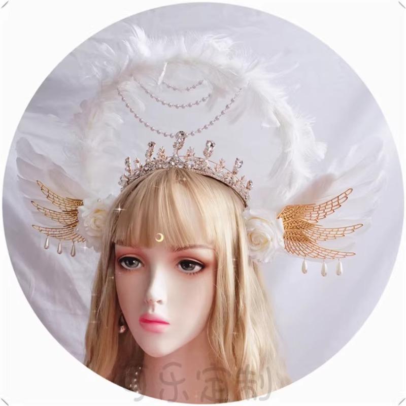 Lolita White Angel Wings Virgin Mary Bead Chain Baroque Halo Tiara Hair Accessory Virgin Mary Sun Godmother's Crown KC Headwear