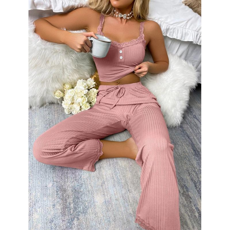 Casual pajamas women s summer lace lace suspenders trousers European and American women s loungewear two-piece set sexy lace S розовый