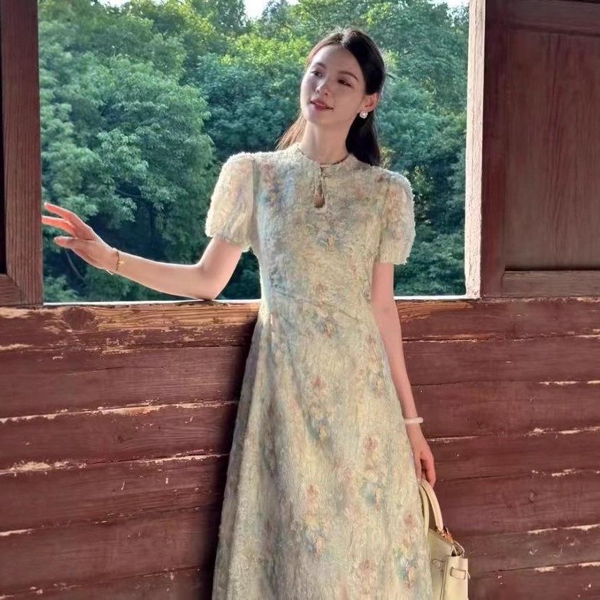 Plus Size Floral Qipao Dress: Gentle, Slimming, Waist-Cinching, Light Summer Chinese Style L