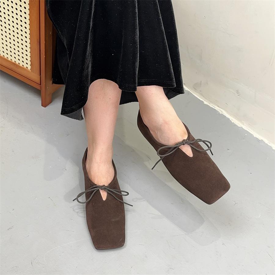 Johnature Square Toe Loafers Frosted Cowhide Versatile Handmade Lace-up Genuine Leather Women's Flat Shoes