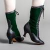 Vintage Block Heel Green Lace Up Boots For Women Wide Calf Riding Boots Fashion Color Blocking Patchwork Western Knight Shoes