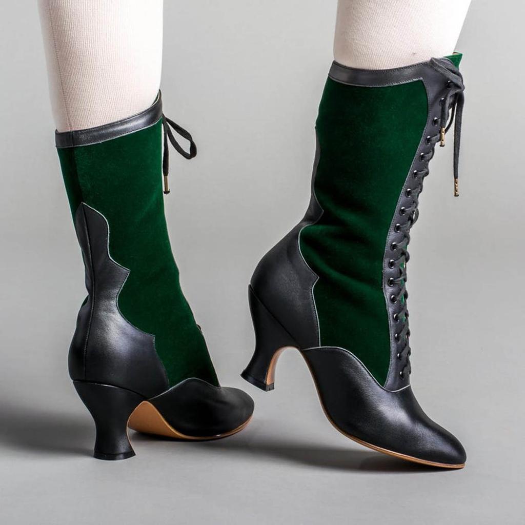 Vintage Block Heel Green Lace Up Boots For Women Wide Calf Riding Boots Fashion Color Blocking Patchwork Western Knight Shoes