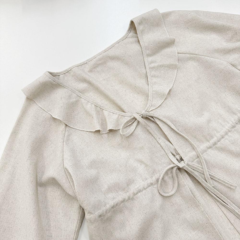 French Style Casual Autumn New Fashion Cotton Linen Set V-Neck Puff Sleeve Top Shorts Two-Piece Set