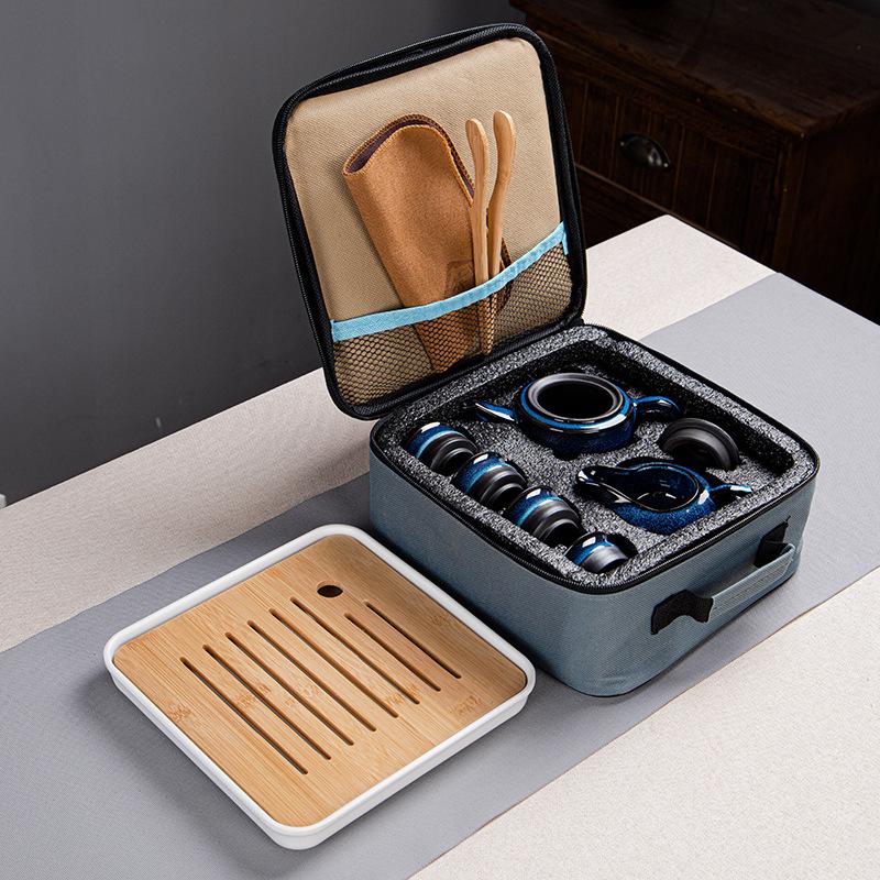 Kung Fu tea set travel set Tianmu glaze Jun kiln becomes portable business gift souvenir