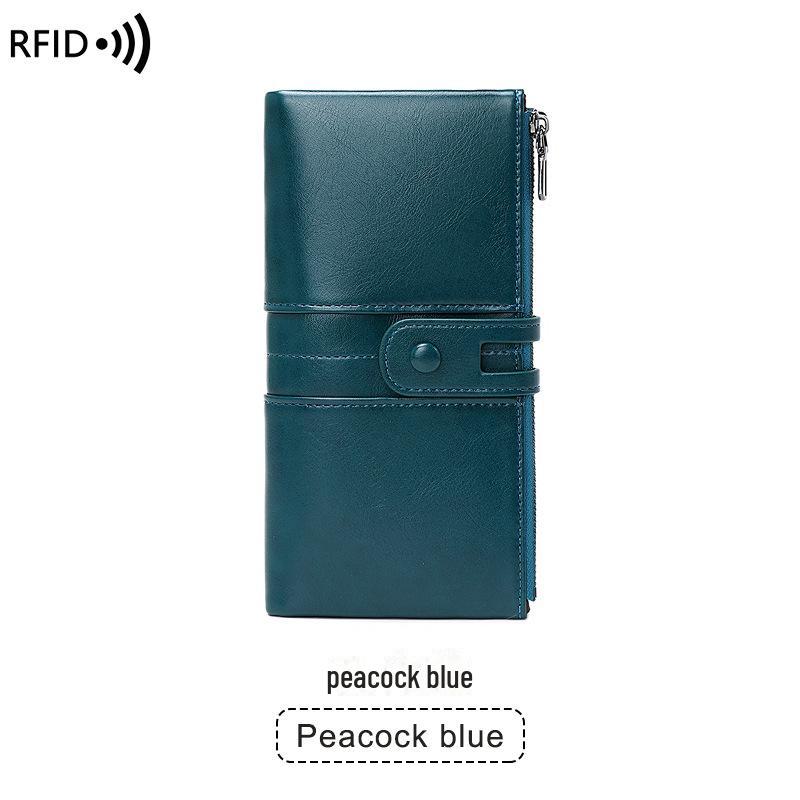 

Длинный кошелек и клатч из вощеной кожи с защитой от кражи RFID и двойной молнией для женщин - ретро-европейский и американский стиль