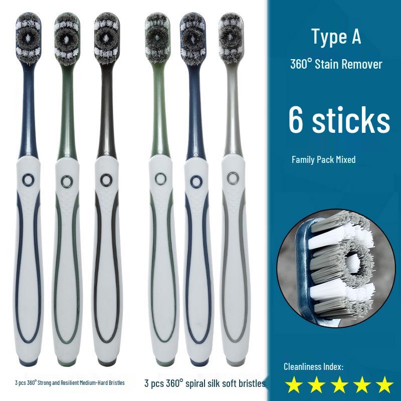 360° Medium-Hard Bristle Toothbrush for Effective Stain Removal - Spiral Filament, Soft Bristle, Adult Size