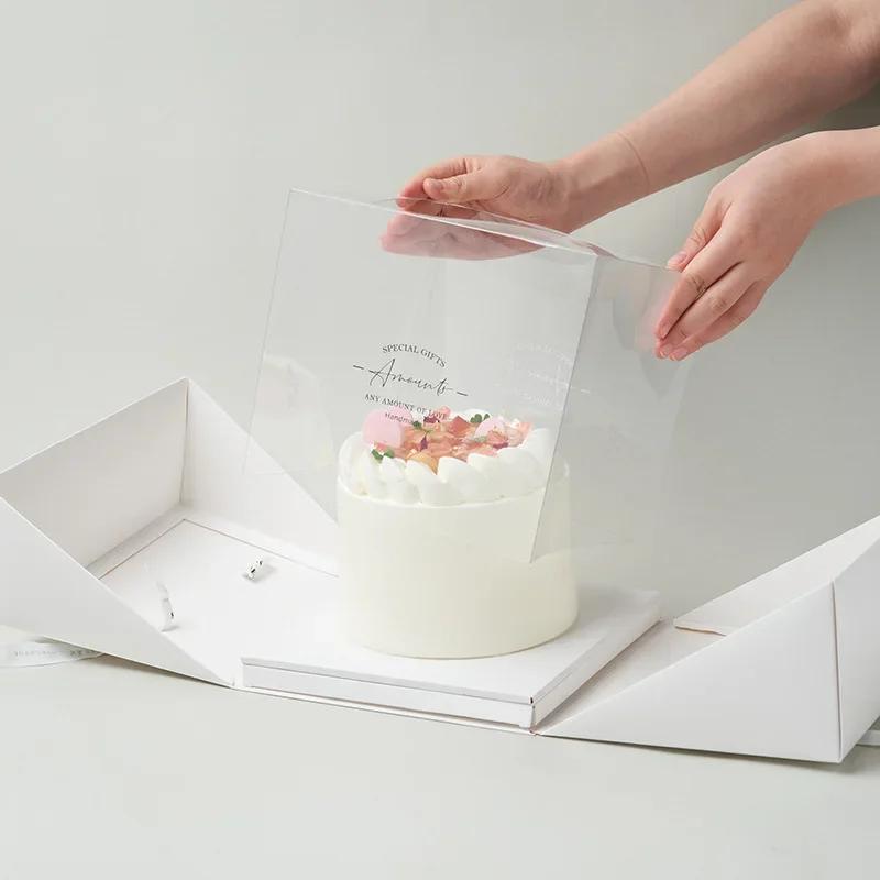1 Pack 4inch Cake Boxes with Cake Board for Step CakesPortable Handle Transparent Plastic Paper Box Disposable Cake Container