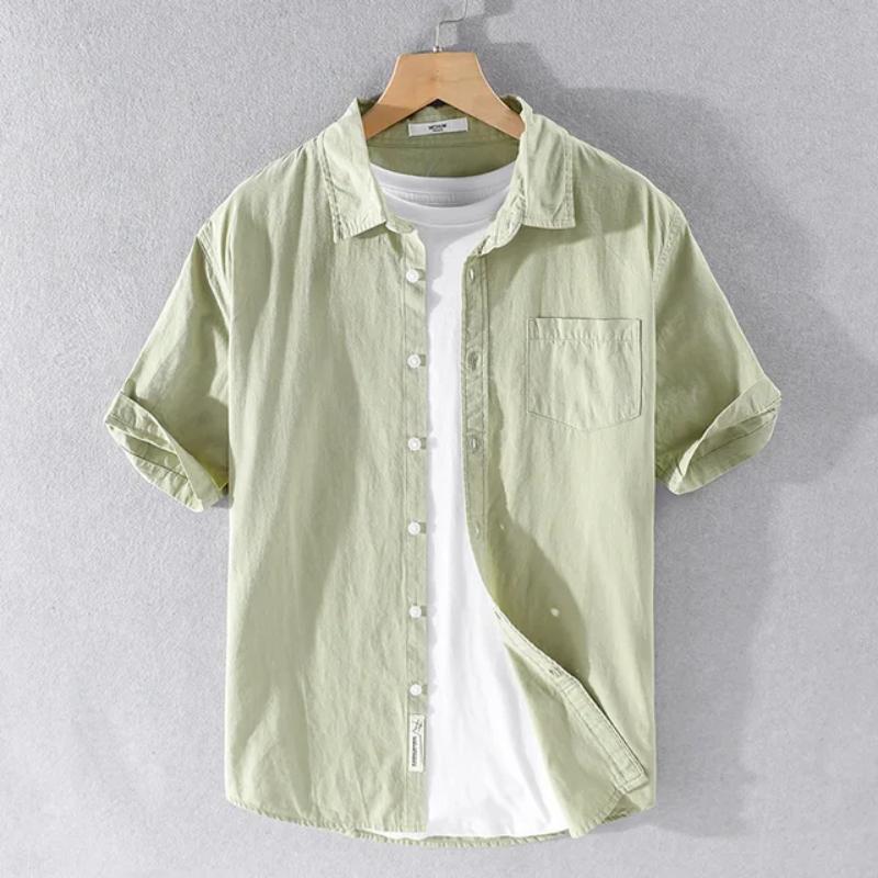 Summer Short Sleeve Shirt Men Daily Casual Tops Square Collar Soft and Comfortable Green Pure Cotton Shirt Korean Simple Style Men Clothing