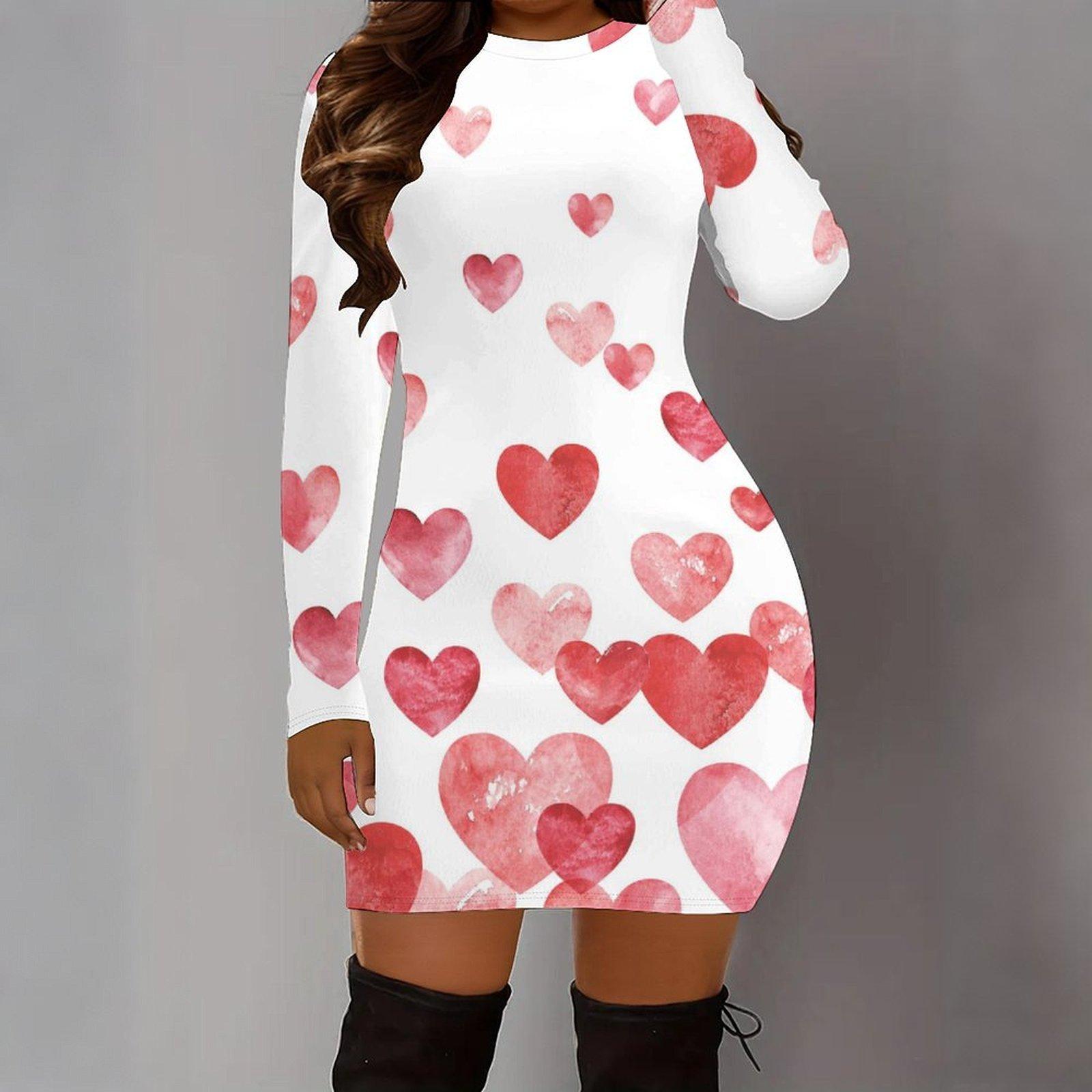 

2025 Autumn and Winter New 3D Love Pattern Print and Dyeing Women s Fashion Long-sleeved Round Neck Hip-wrapped Dress Valentine s Day Limited XXL білий