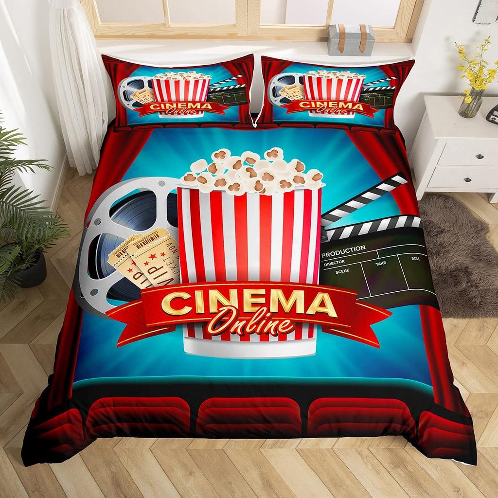 Vintage Kino Bettbezug für Familie Junge Mädchen Heimkinozimmer Dekor Vollständiges Film-Thema Bettdeckenbezug Film-Thema Bettwäscheset