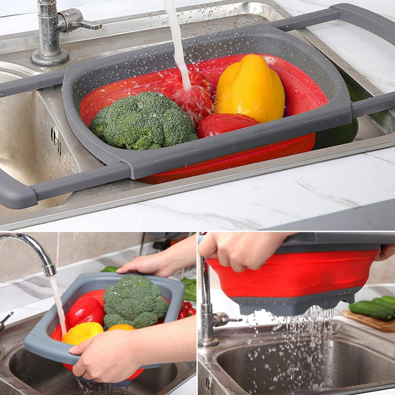 T02C!3Pcs Collapsible Colander Set Foldable Filter With Handle For Fruits Silicone Kitchen Strainer Red