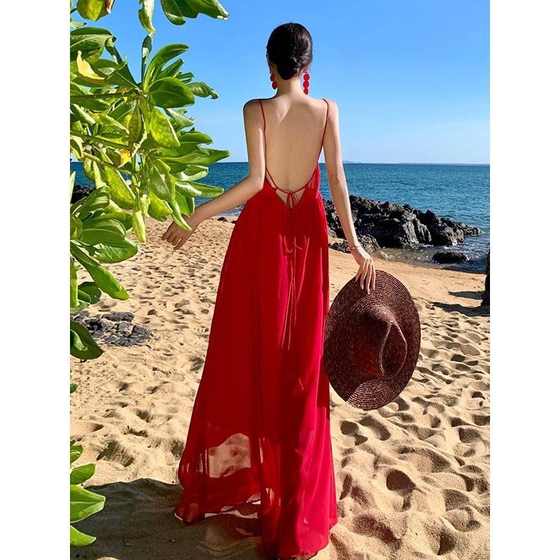 Holiday Dress Red Fairy Beach Dress Long Dress Elegant Travel Wear Temperament Halter Suspender Long Dress