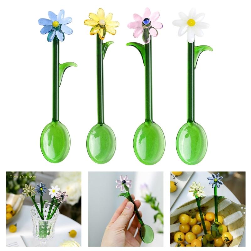 Transparent Glass Stirring Spoon With Elegant Flower Head Colored Stirrer For Coffee Tea Cocktails Head Resistant
