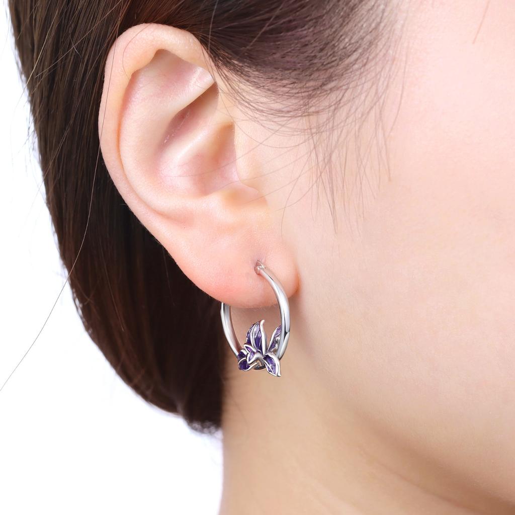 PANPOKI S925 Silver Blooming Purple Iris Flower Earrings Versatile Hoop Earrings For Women Jewelry Original Party Gift