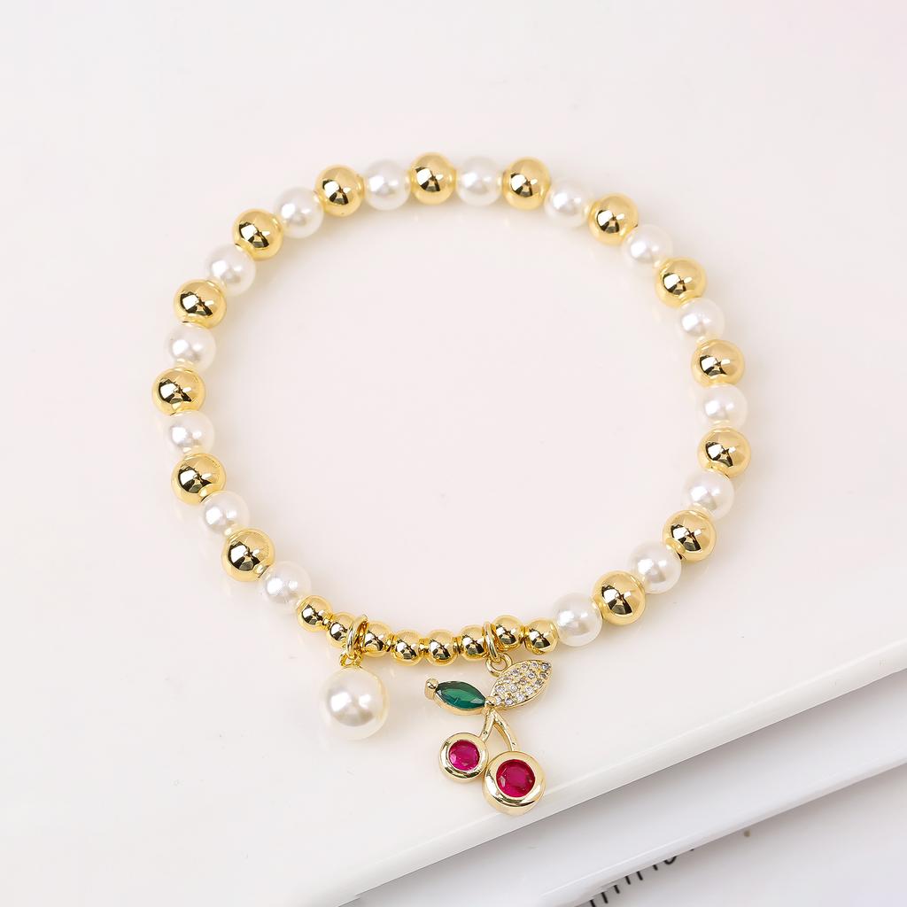 Nouveau Mode Cerise Fraise Cristal Zircone Pendentif Bracelet Élastique Luxe pour Femme Fille Perle Bijoux de Poignet Cadeau de Fête